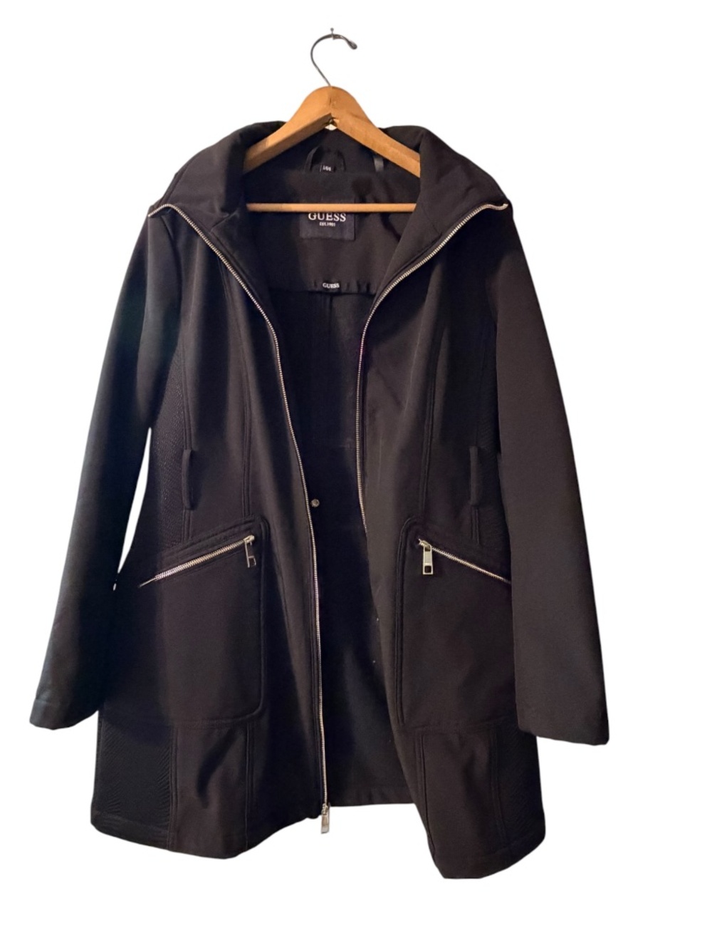 Guess Black Hooded Softshell Coat Gold Zipper Womens Large - Picture 2 of 8
